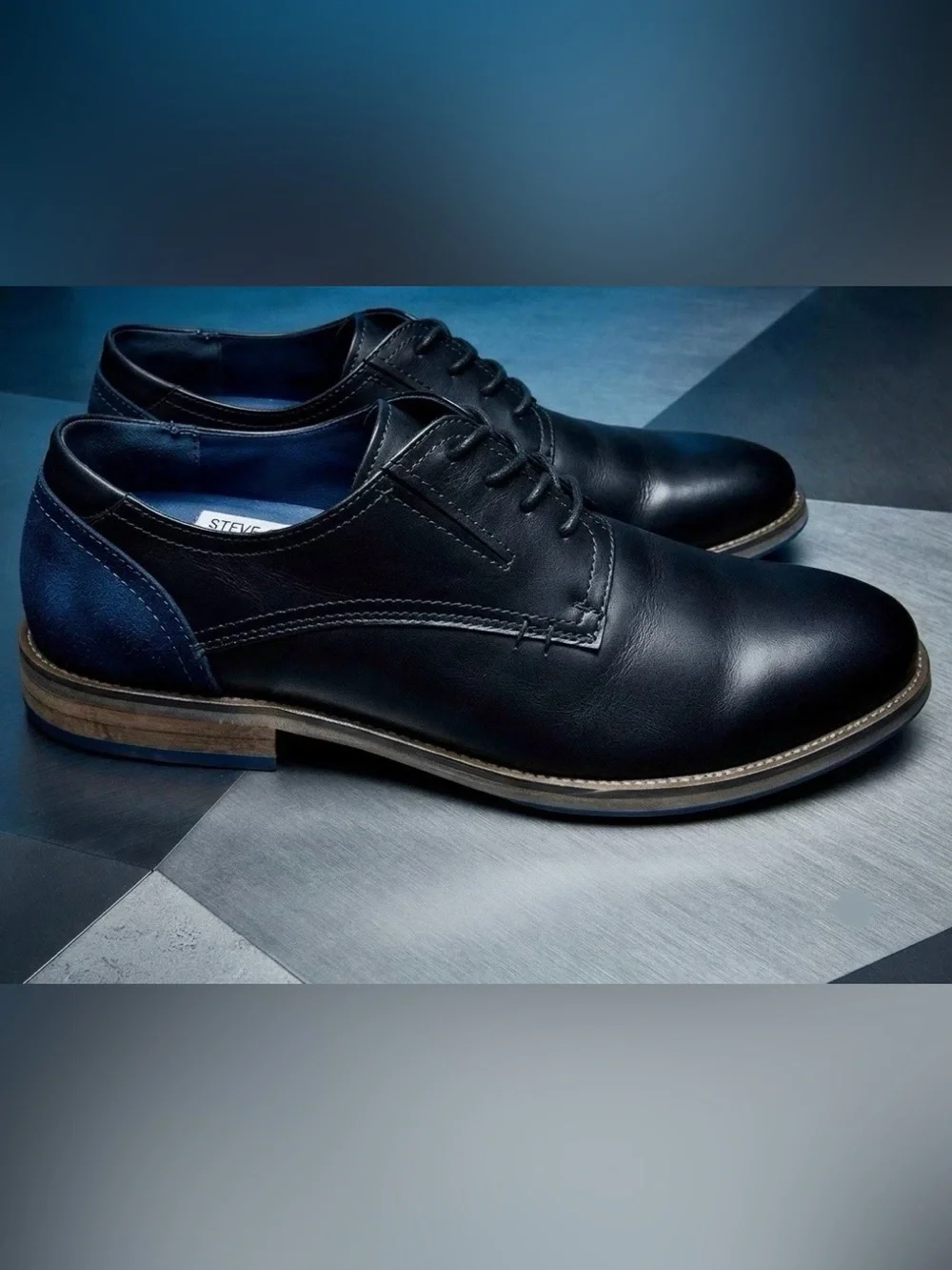 RARE Steve Madden Lectern Black Leather Blue Suede Contrast Oxford shoes 10.5B